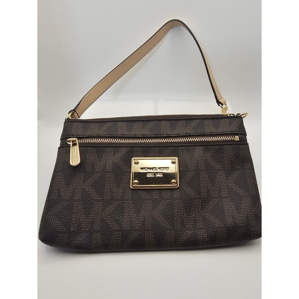 Michael Kors Brown Signature Logo Wristlet Clutch Bag 32F1GJSW3B